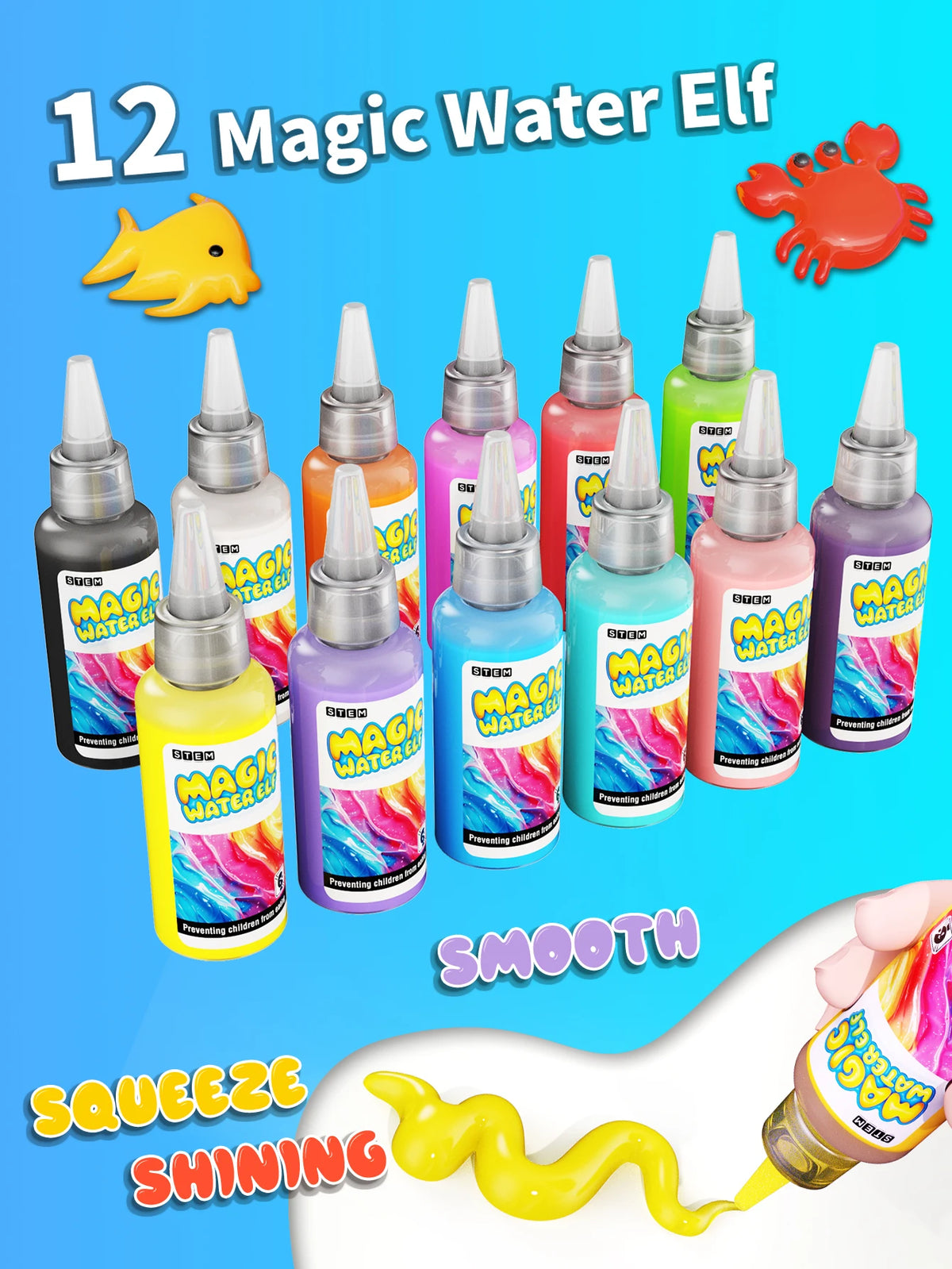A collection of 12 Magic Water Elfs in various colors and shapes, demonstrating a squeeze shining effect.