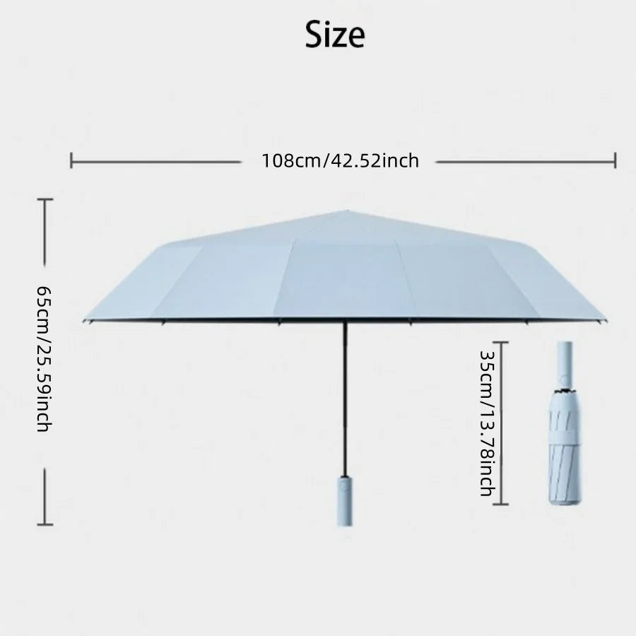 A diagram showing the size of a light blue automatic windproof travel umbrella, measuring 108cm wide and 65cm high.