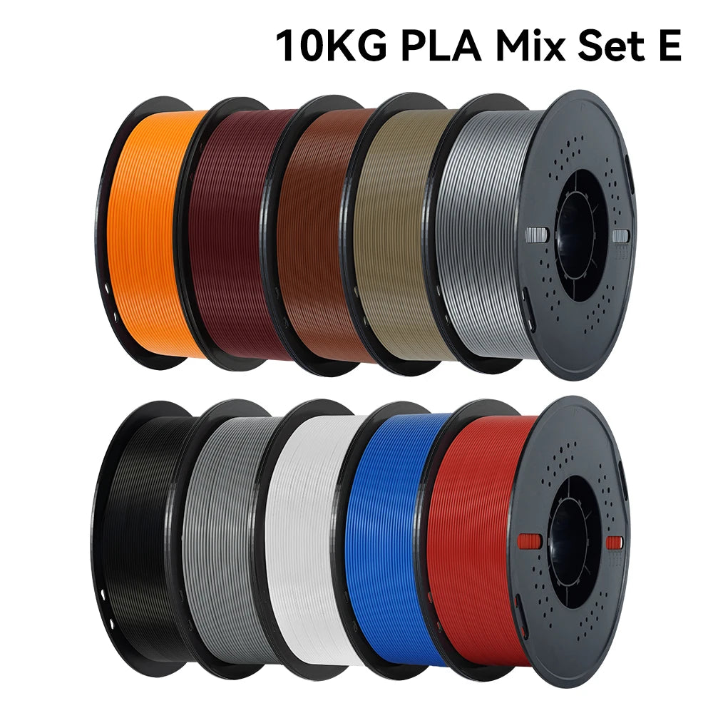 A set of ten 10KG PLA filament spools in various colors, including orange, brown, gray, and blue.