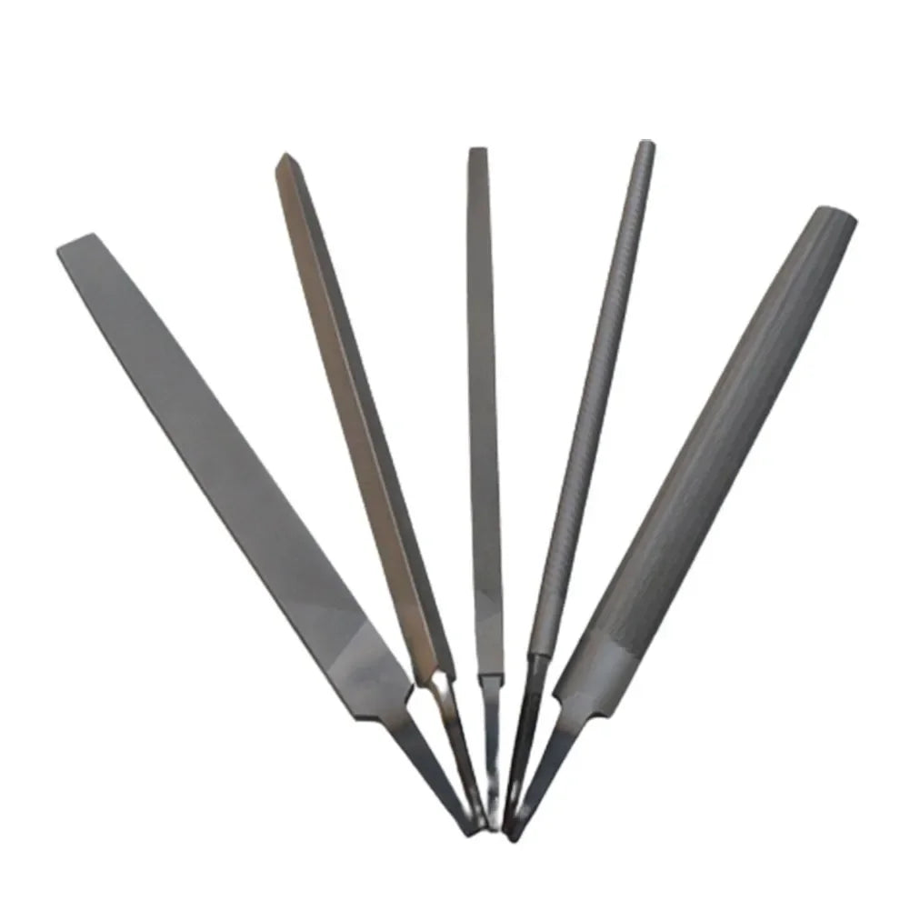 A set of five 6-inch flat diamond files for chainsaw sharpening, showing various sizes and angles.