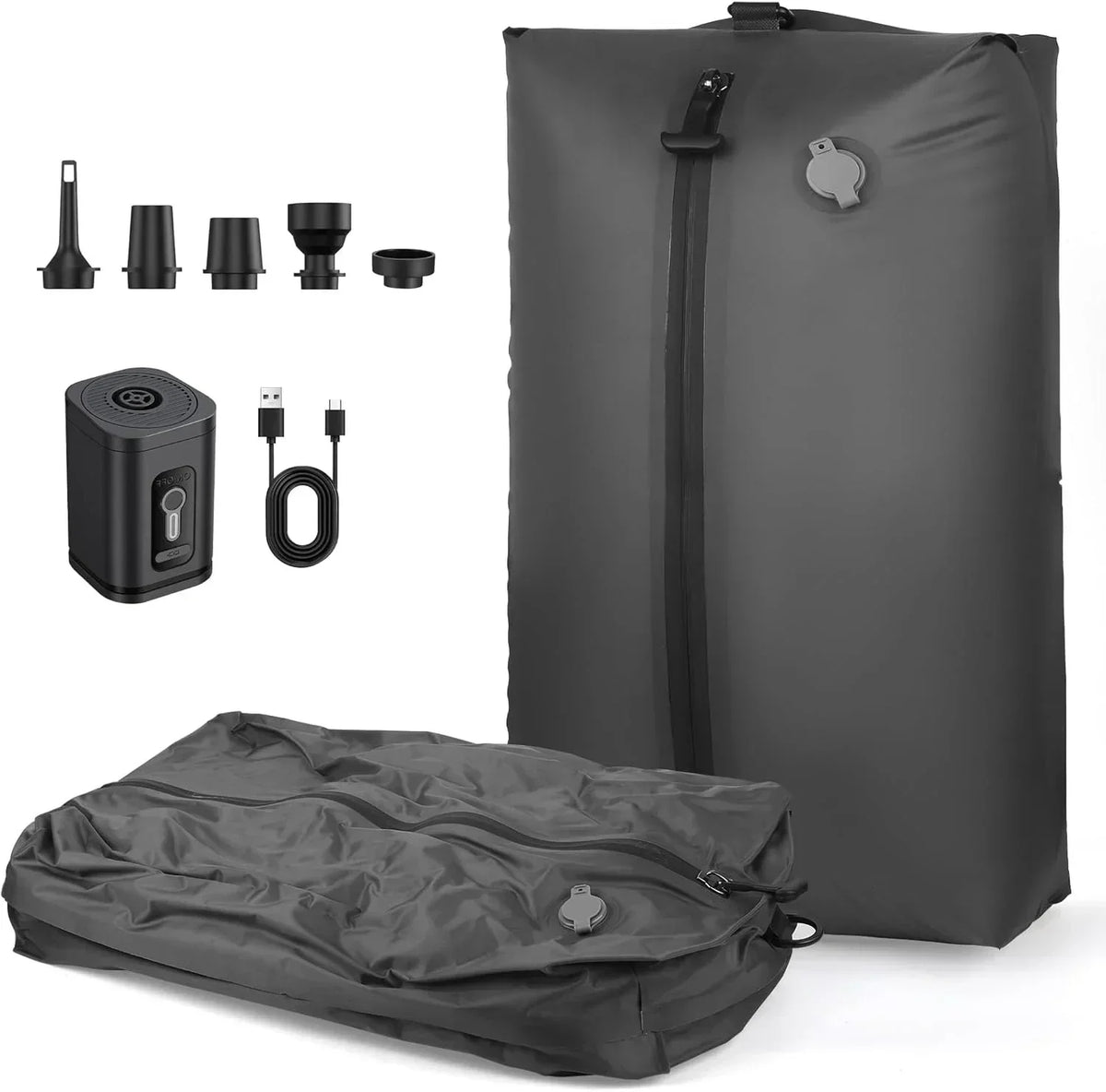 A gray vacuum compression storage bag and various related pump attachments are shown.