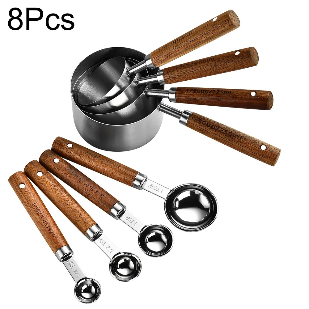 Stainless Steel Measuring Cup and Spoon Set with Wooden Handles