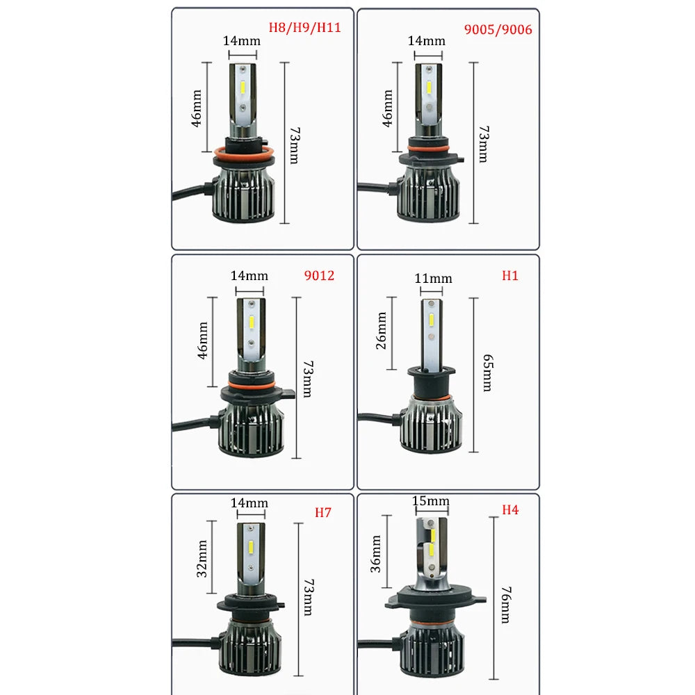 Various high-performance LED headlight bulbs H8, H9, H11, 9005/9006, H1, and H7 types with cooling fans.