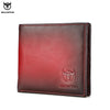 A genuine leather bifold wallet in a deep red color with a embossed bull head design.