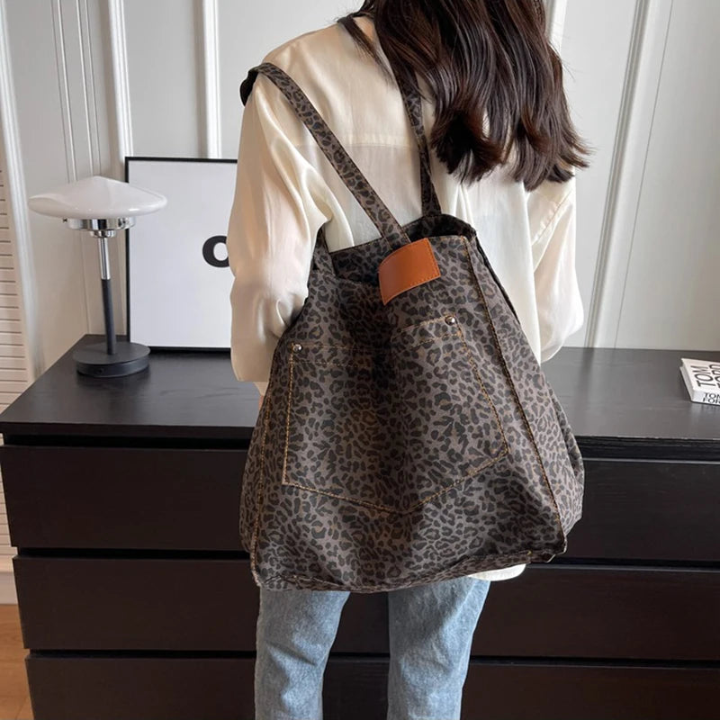 Vintage Leopard Print Canvas Tote Bag