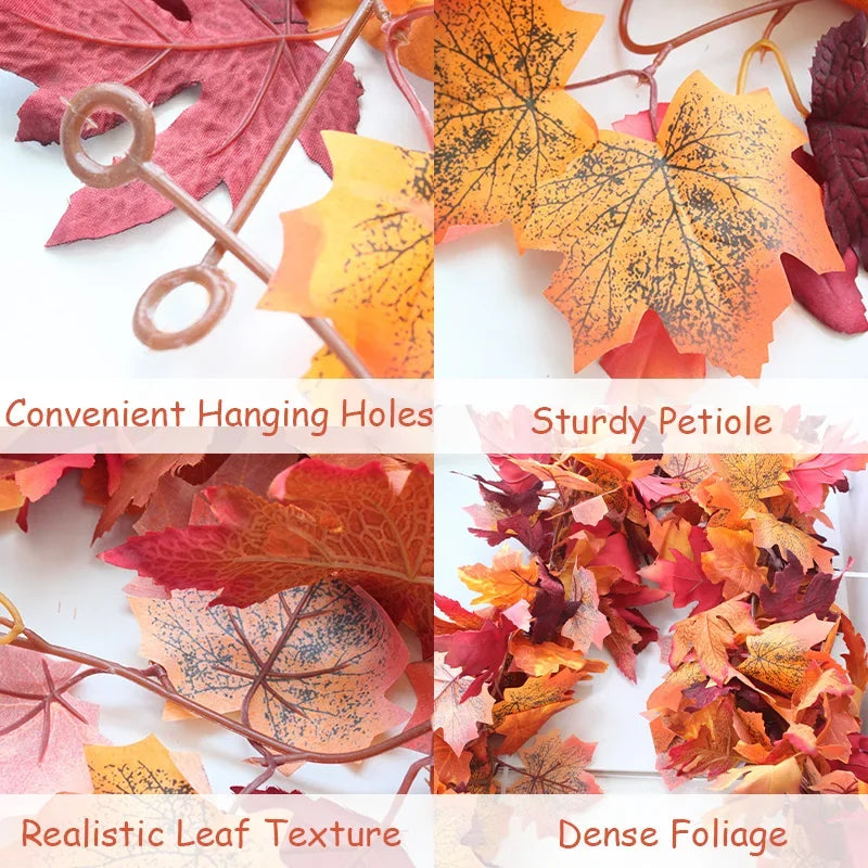 Artificial maple leaf garland showing various colors and textures for autumn decor