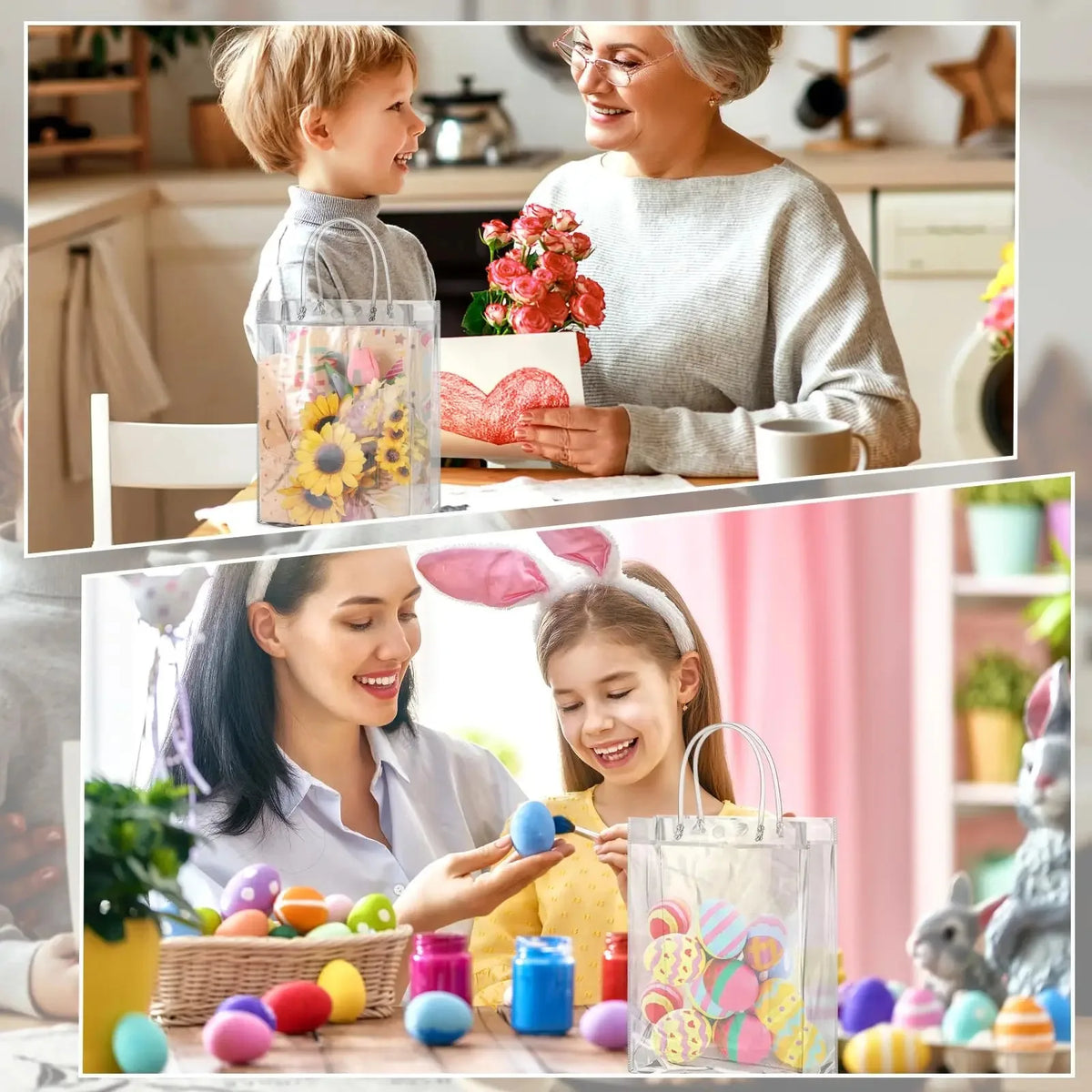 A woman and child are shown in a kitchen setting with transparent PVC gift tote bags on the table.