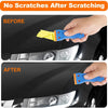 Before and after comparison showing a plastic razor scraper removing scratches from a car's surface.
