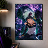 A vibrant anime poster featuring a character from Re:Zero in dark and purple tones.