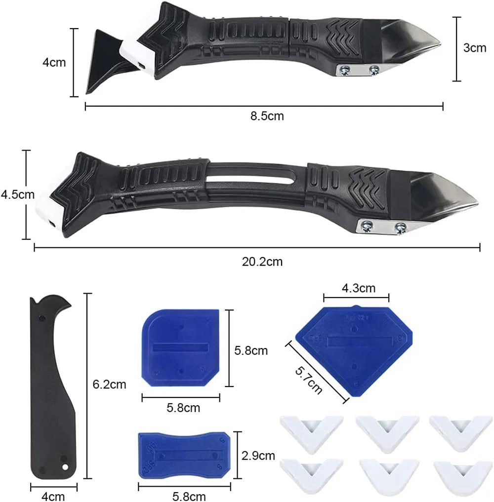 A set of multi-purpose caulking and sealing tools including various shaped plastic and metal tips.