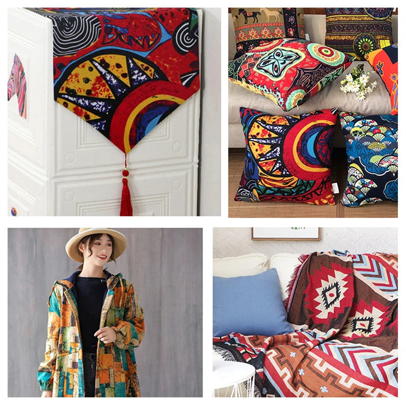 Bohemian Cotton Linen Fabric with Vintage Ethnic Print