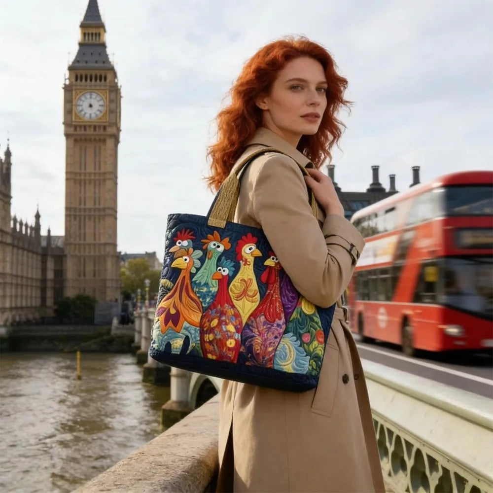 A woman in a beige coat holds a vintage quilted tote bag with colorful birds against the backdrop of the Houses of Parliament