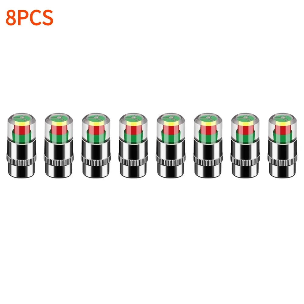 Eight color-coded tire pressure indicator valve caps displayed in a row.