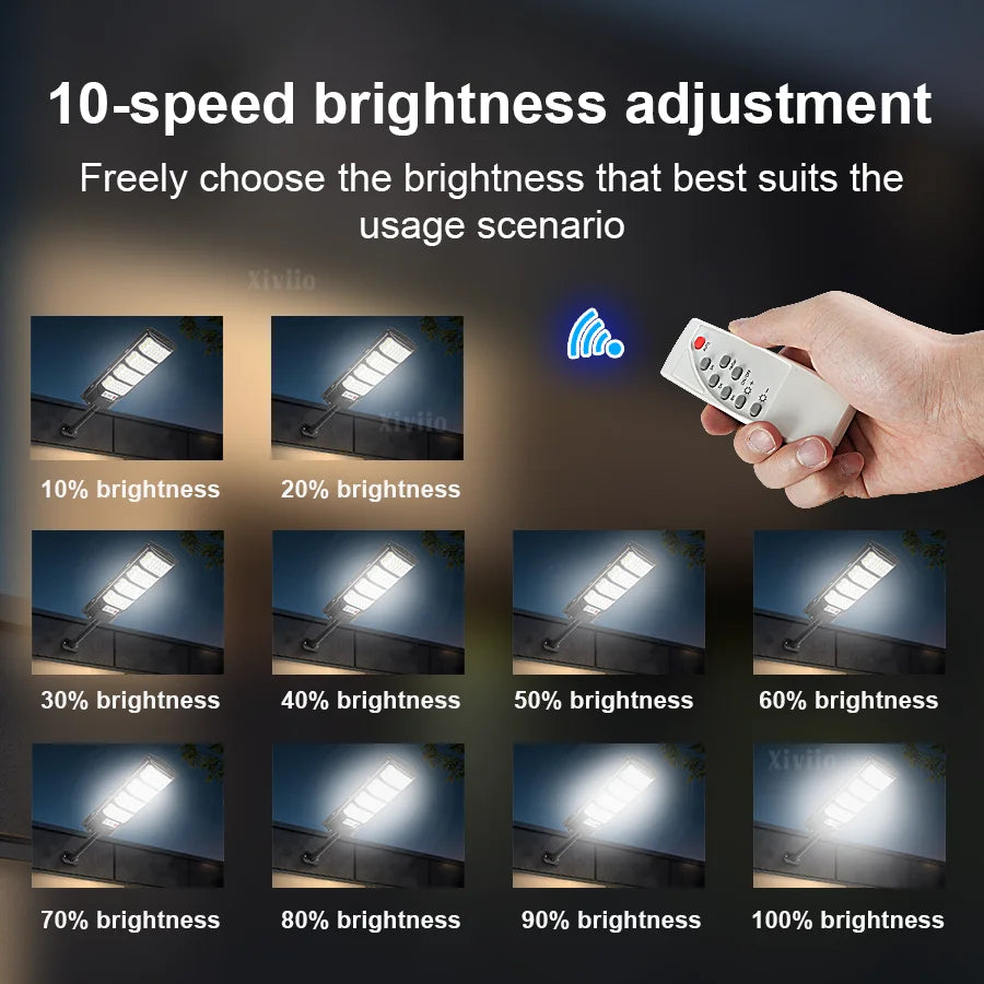 A hand holds a remote control for adjusting the brightness of a 10-speed sunlight street light.