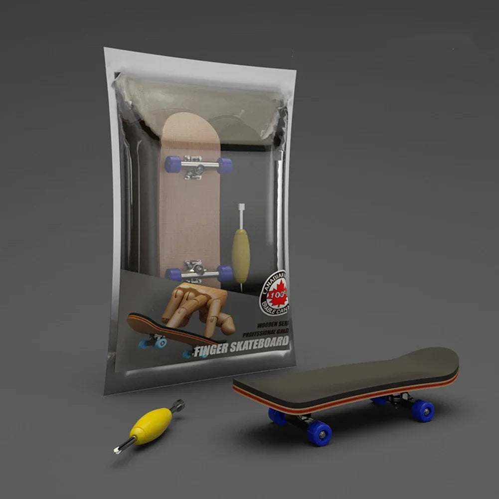 A wooden finger skateboard is shown alongside its packaging and a separate board.