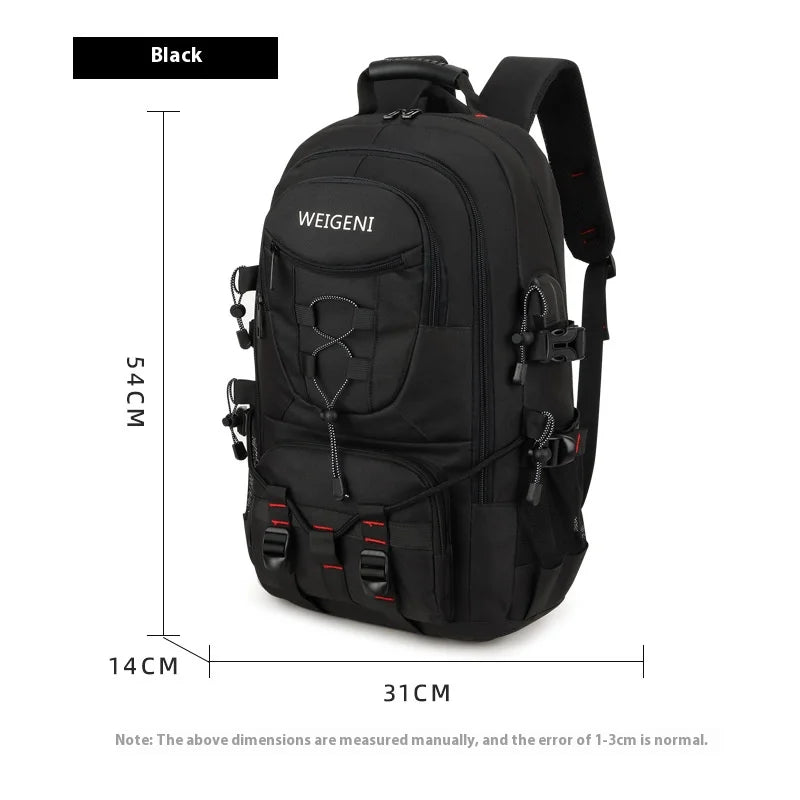 Black Weigeni travel backpack with shoe compartment and laptop sleeve shown from the front.