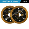 Two circular diamond saw blades with gold edges and black discs, measuring 105x20x1.1mm each.