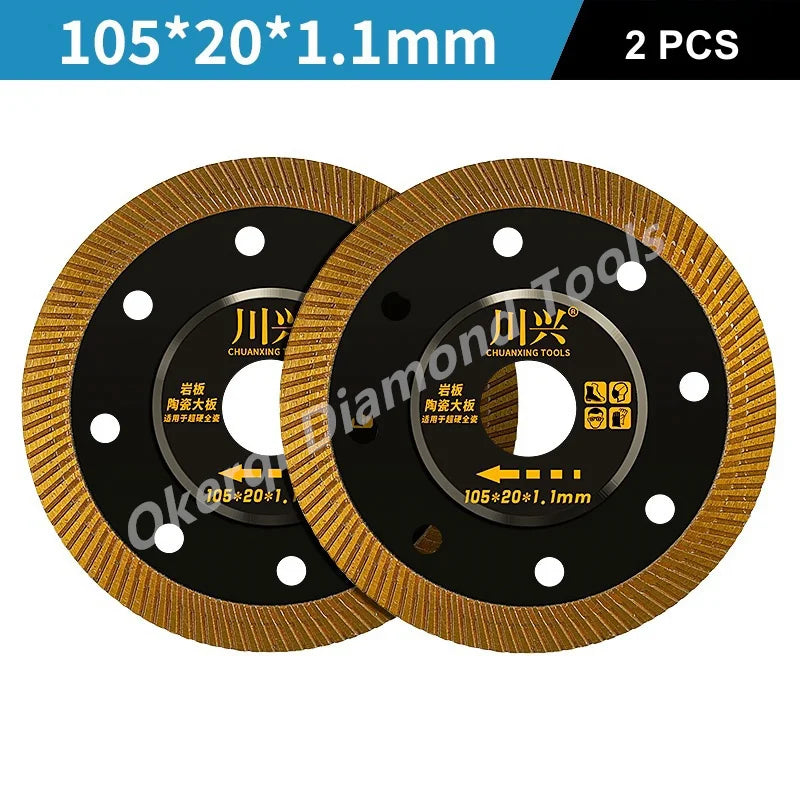Two circular diamond saw blades with gold edges and black discs, measuring 105x20x1.1mm each.