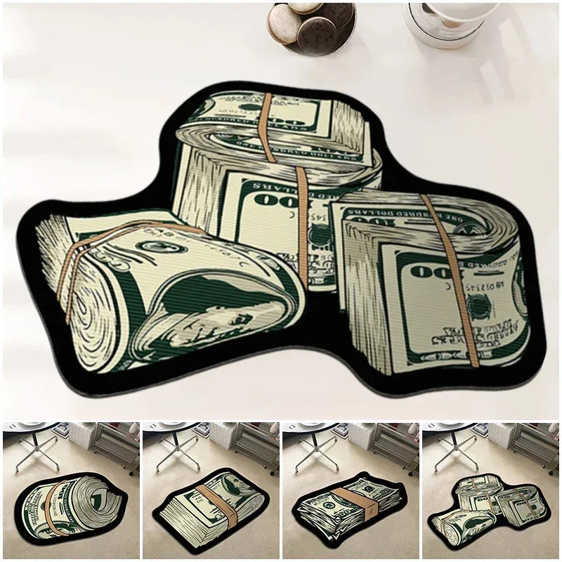 A black non-slip bathroom rug featuring a design of stacked US dollar bills.