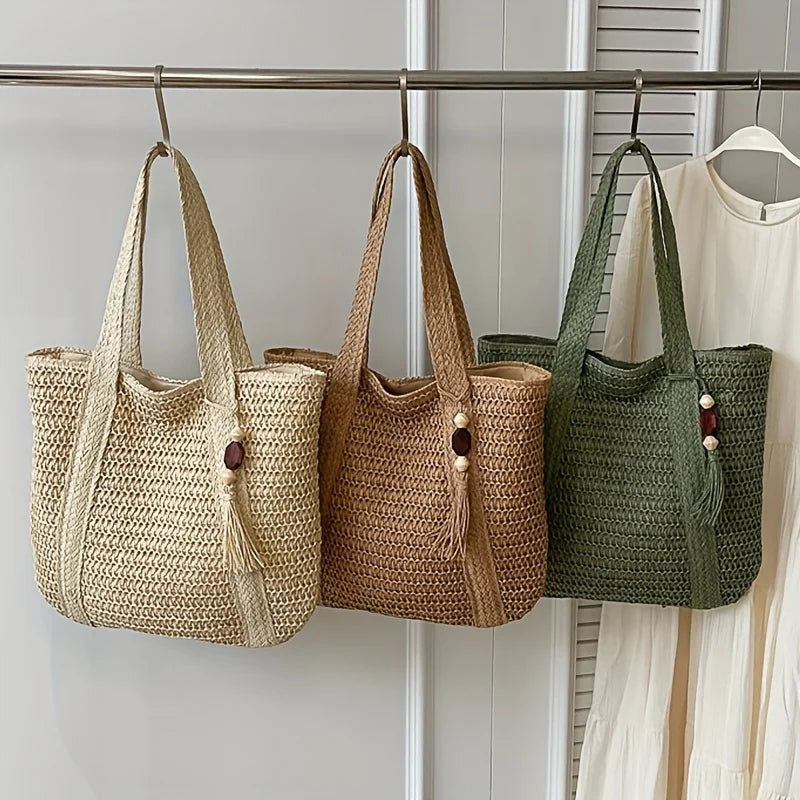 Natural Straw Woven Tote Bag with Tassel