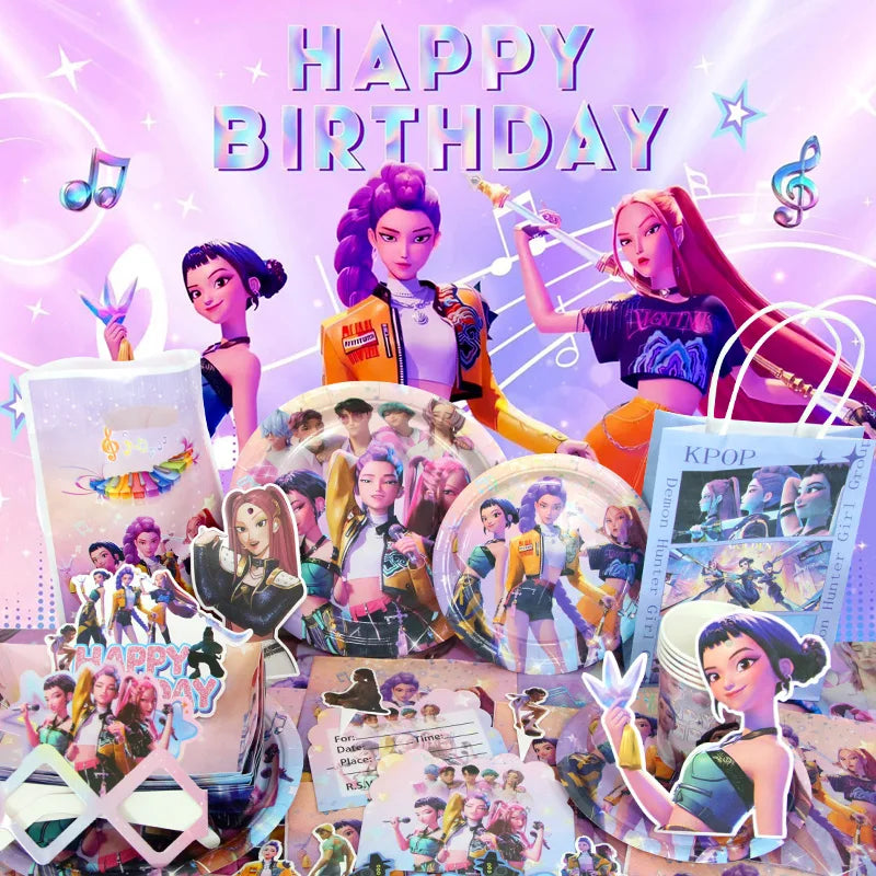 A colorful music-themed birthday party decoration kit featuring female characters and glittery elements.
