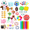 A collection of assorted fidget toys and stress relief items including a ball, squishy toys, and various small plastic figure