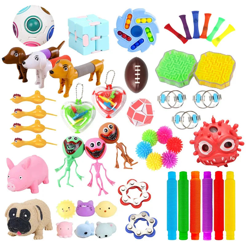 A collection of assorted fidget toys and stress relief items including a ball, squishy toys, and various small plastic figure