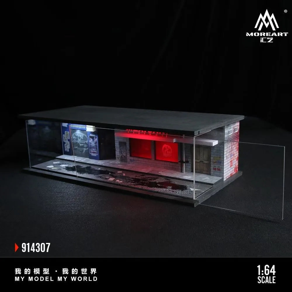 A 1:64 scale miniature garage diorama kit featuring a display box with internal lighting and detailed scenery.