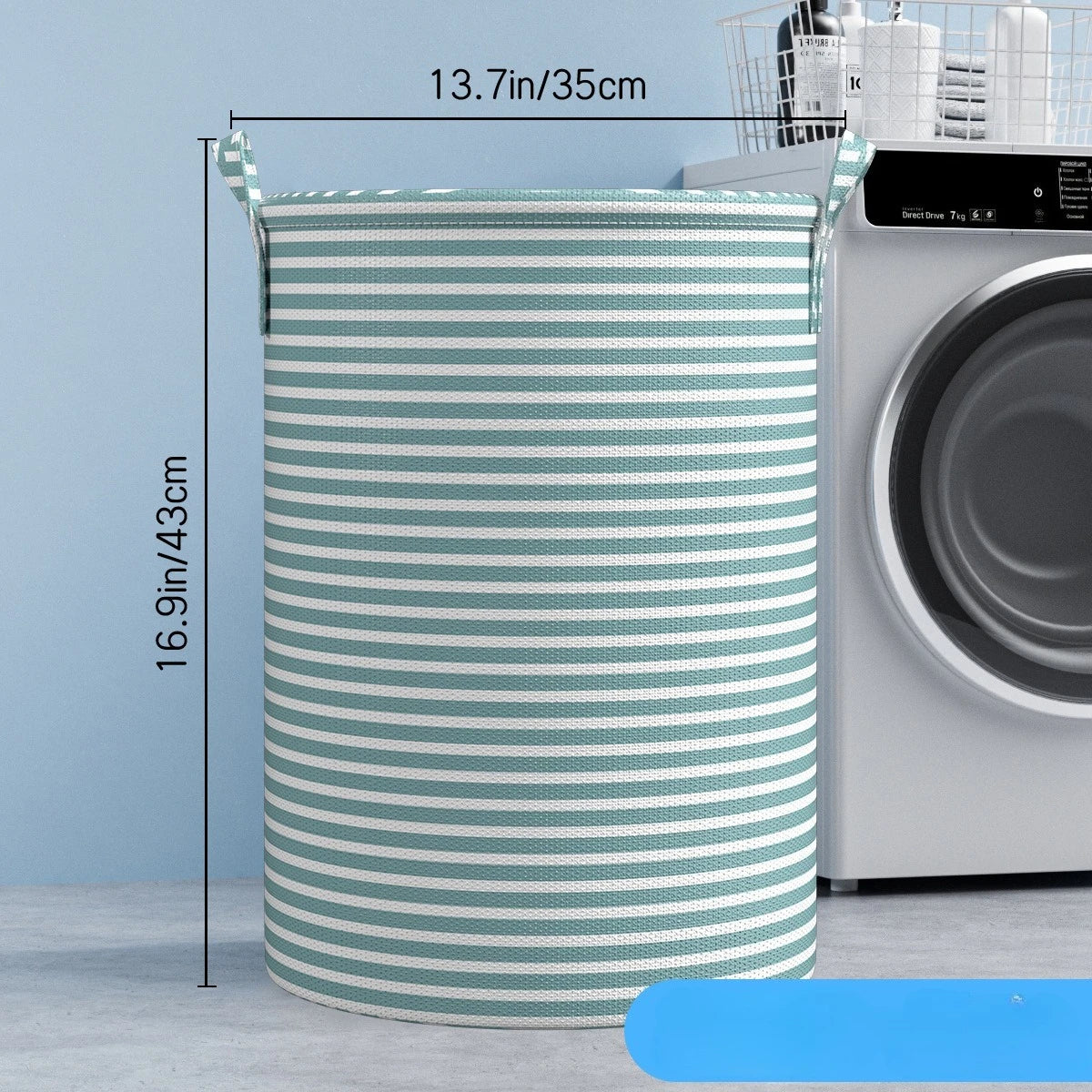 A tall, striped laundry basket with handles is shown next to a washing machine.