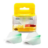 A yellow box of TERO FLIGHTS precision dart flights with big wing shape and graduated colors, next to two plastic flights.