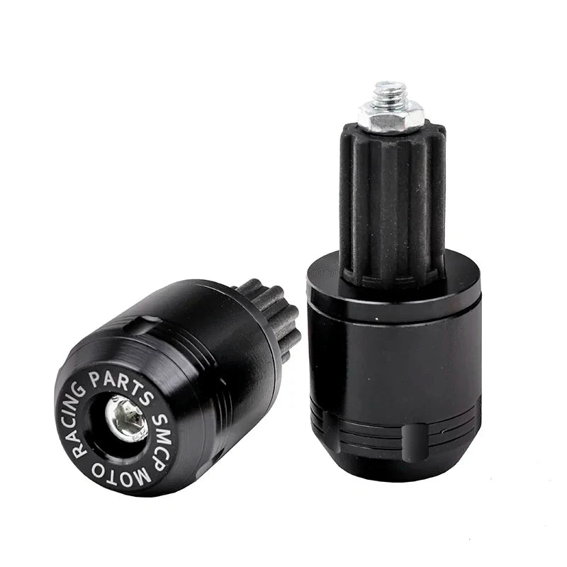 A black CNC aluminum motorcycle handlebar end plug with a threaded top and a hexagonal fitting.