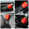 A set of red car cleaning brushes with black bristles and a towel shown in various angles.