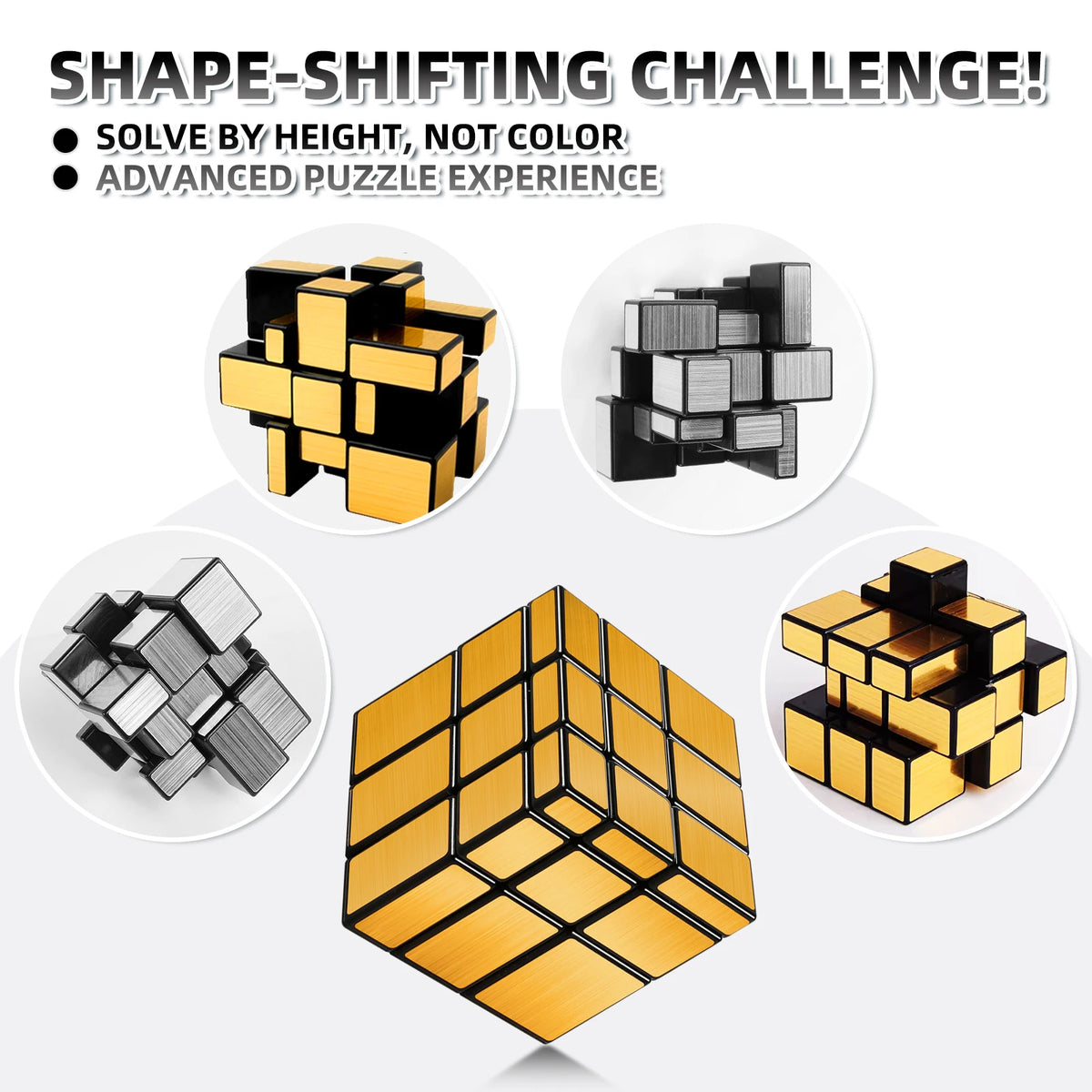 A set of mirror cube puzzles in gold and black, demonstrating a shape-shifting challenge.