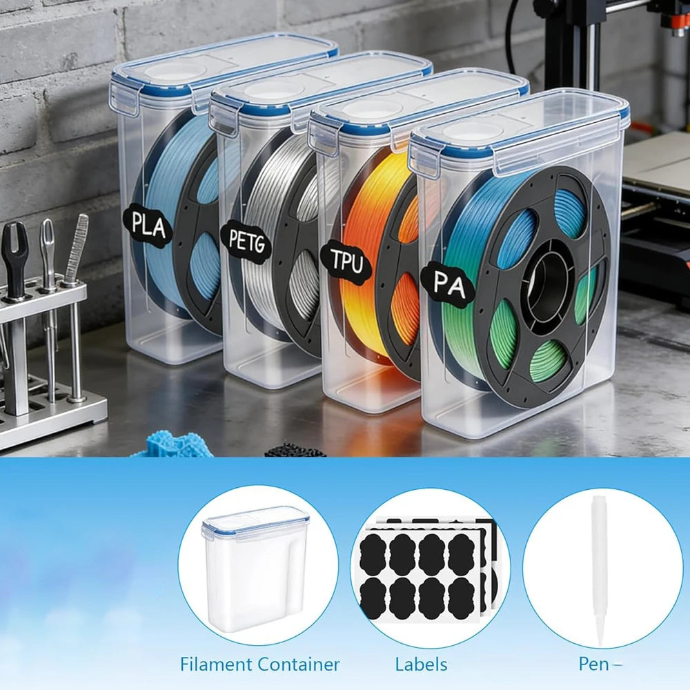 A set of clear airtight filament storage containers for PLA, PETG, TPU, and PA materials.