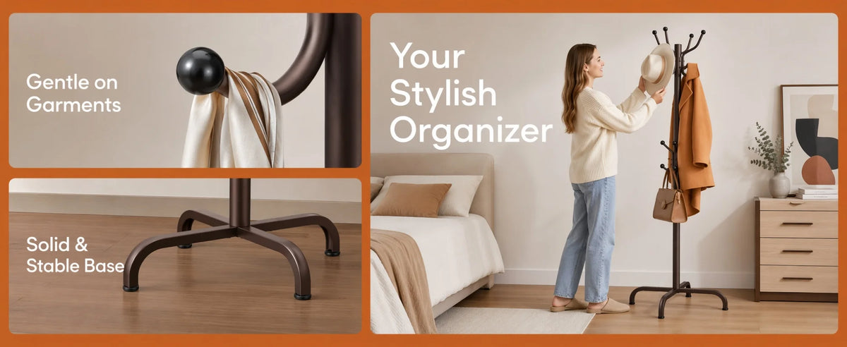 A stylish freestanding metal coat rack with 14 hooks used for organizing garments in a bedroom or entryway.