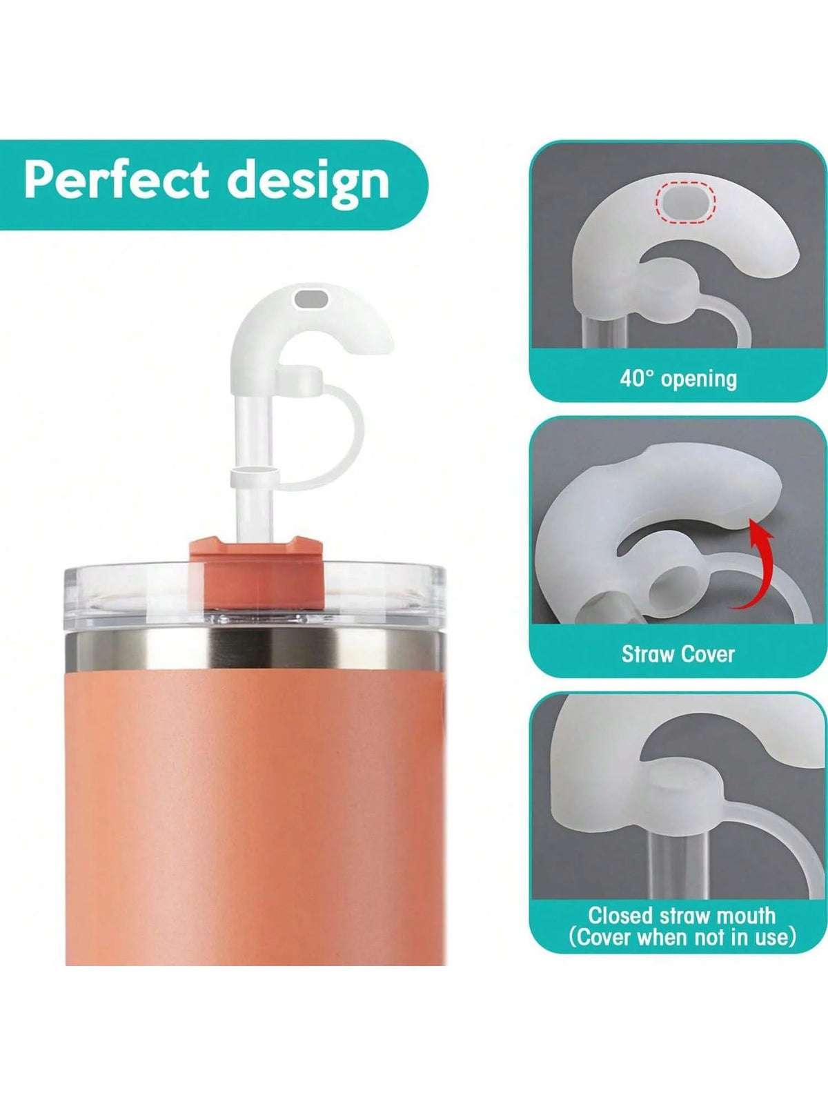 A clear straw topper with an orange base and white silicone components for a Stanley tumbler.