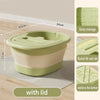 A light green foldable foot bath tub with a lid is shown on a wooden floor, highlighting its dimensions and features.