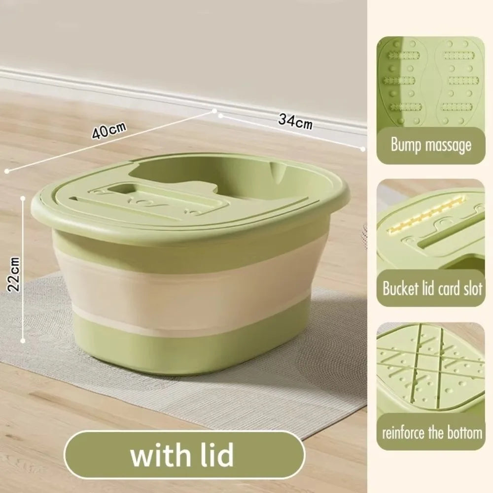 A light green foldable foot bath tub with a lid is shown on a wooden floor, highlighting its dimensions and features.