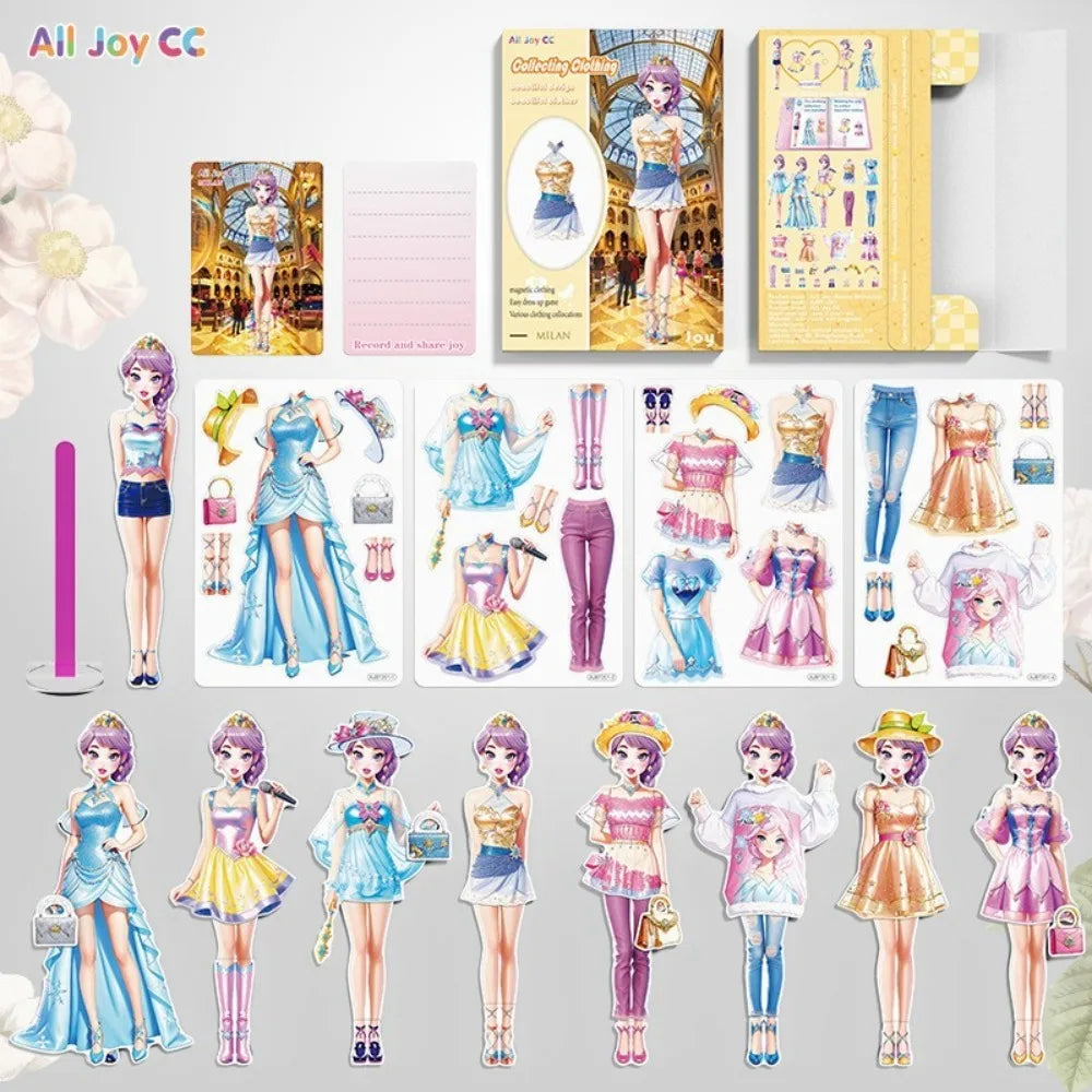 A collection of princess magnetic dress-up playsets featuring various colorful dresses and accessories for children.