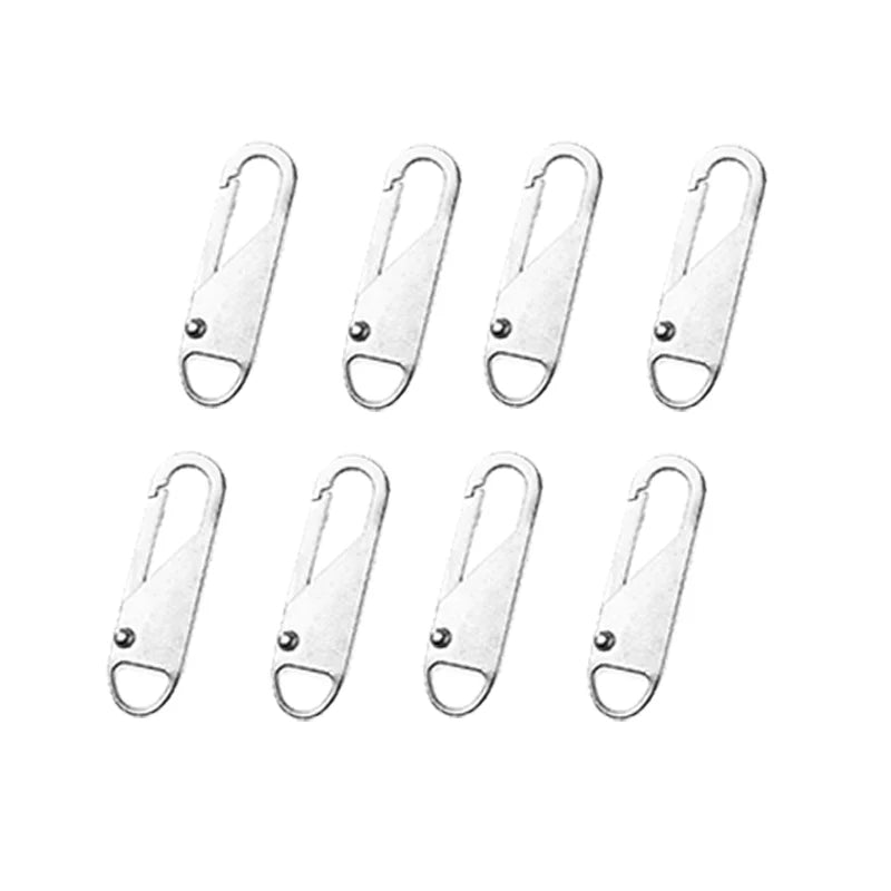 A set of eight silver metal zipper sliders or replacement parts.