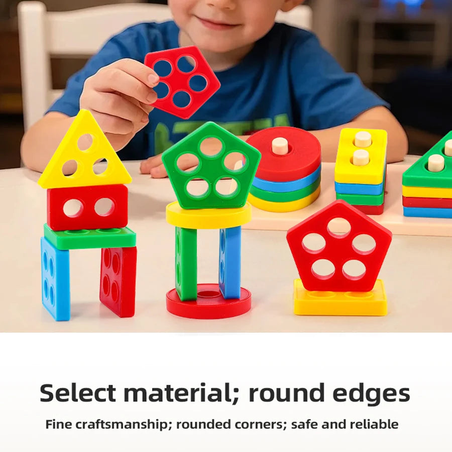 A set of colorful geometric stacking blocks with round edges, including a house shape and various colored pieces.