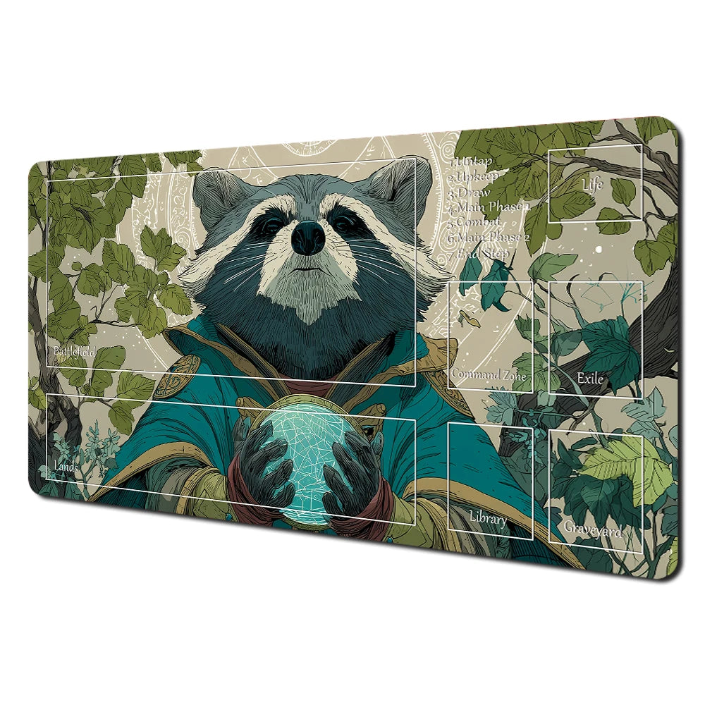 Fantasy card playmat featuring a raccoon and rabbit archer design with various themed panels.