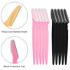 A set of precision eyebrow razors featuring a sharp and netted blade and a blade protective cap in pink and black.