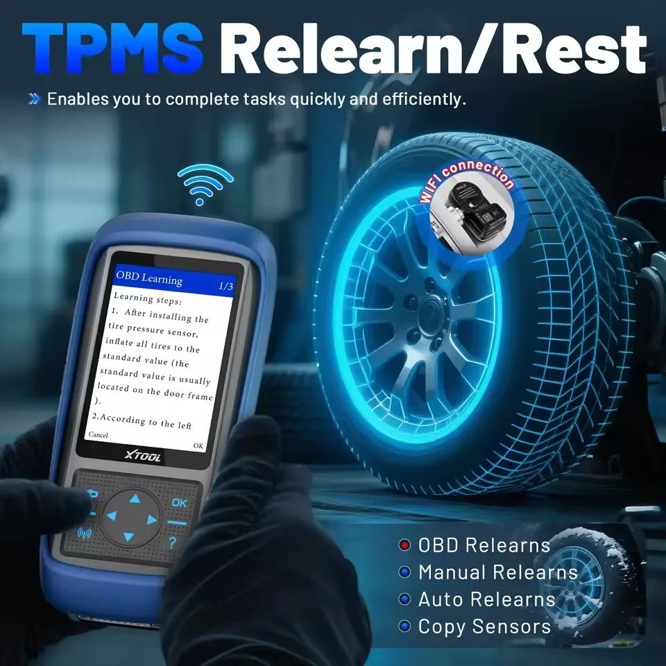 A hand holds an XTOOL TP150 tool displaying a tutorial screen for TPMS relearn/rest functions.