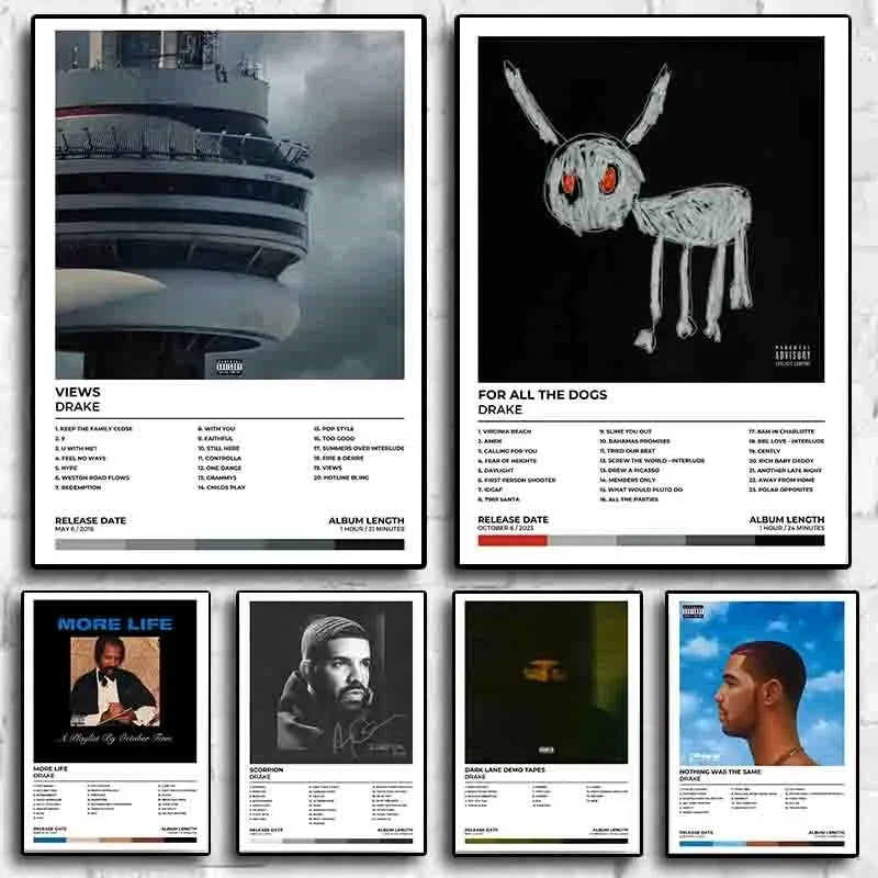 A collage of various Drake album art canvas prints featuring different styles and covers.
