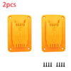 Two orange wall-mounted battery tool holders for Dewalt and Milwaukee tools with mounting tabs.