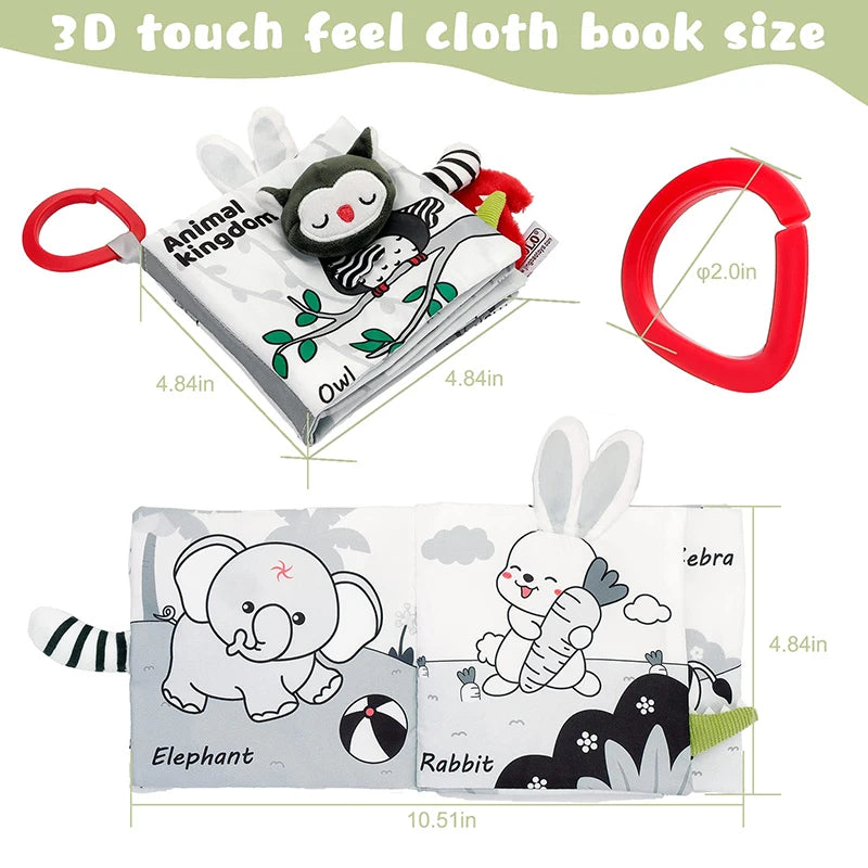 High-Contrast Soft Cloth Book with 3D Touch & Sensory Sounds for Babies 0-12 Months