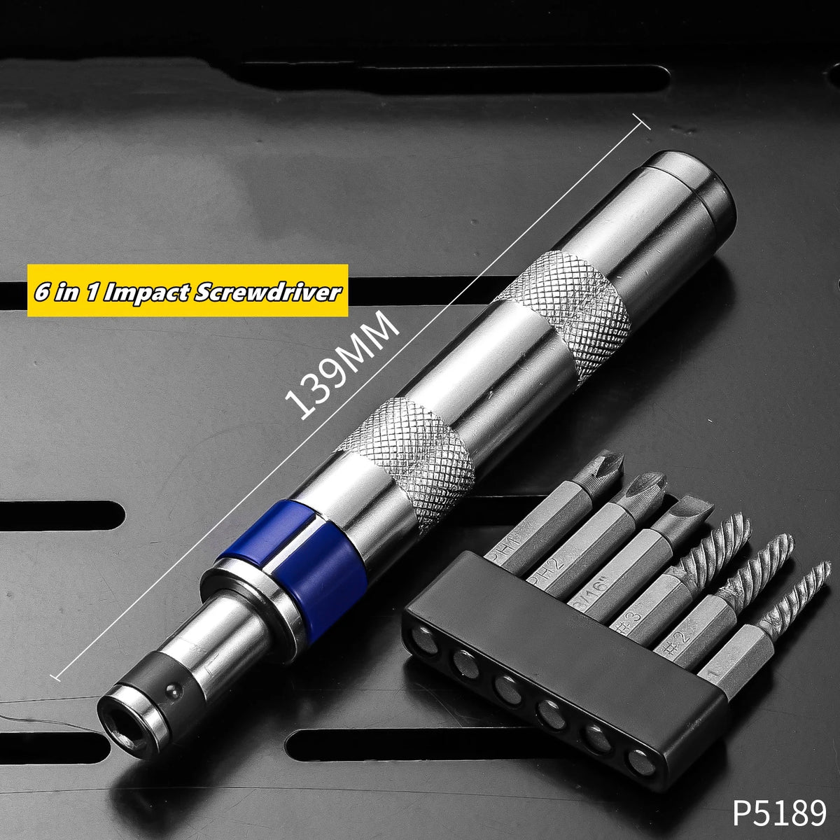 A silver 6 in 1 impact screwdriver set with interchangeable bits is shown against a dark background.