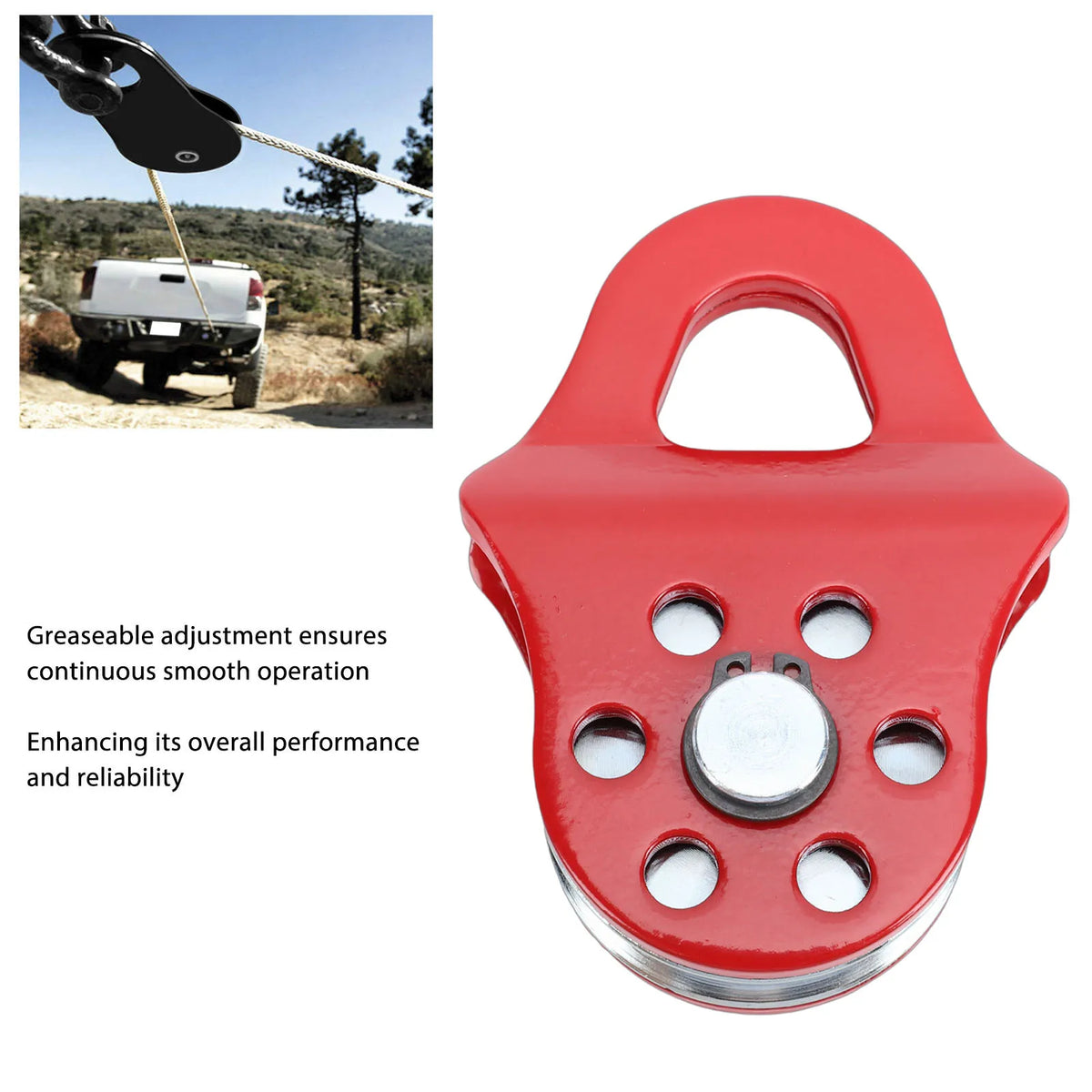 Red heavy duty snatch block with adjustment mechanism for off-road winching
