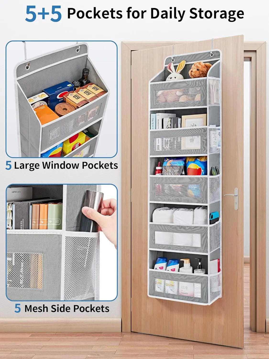 Over-the-door hanging organizer with 5 large window pockets and 5 mesh side pockets for daily storage